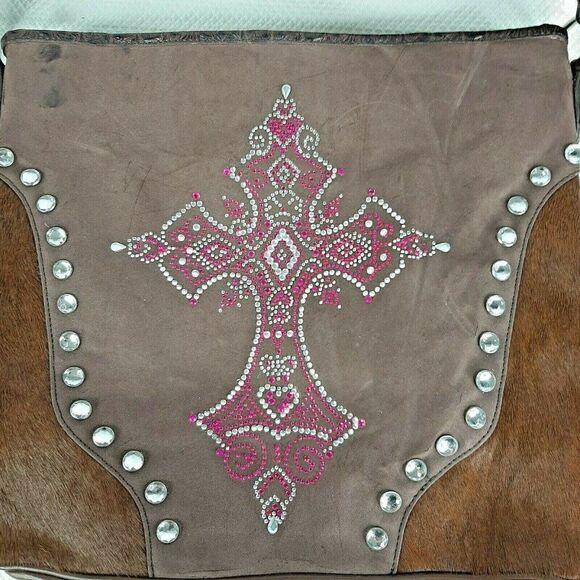 New BHW Shoulder Bag Purse Brown Bling Pink Cross Suede Calf Hair Western - Picture 6 of 6